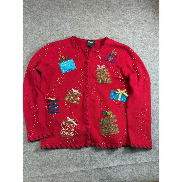 VTG Studio Joy Christmas Cardigan Women M Red Knit Beaded Patchworks Grandma 90s - Picture 3 of 10